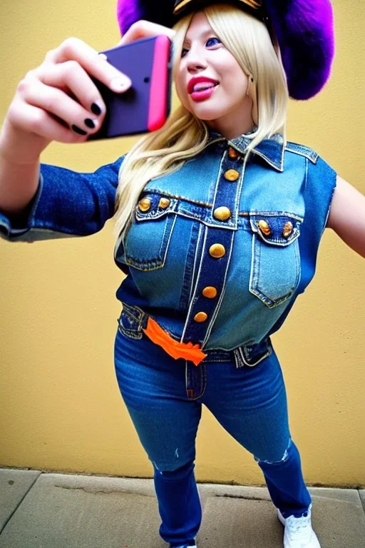 blonde taking selfie.thick thighs,thick calves,flat belly,curvy fell. Mantle is sewed of upcycled Denim and it is sewed together of camouflage pieces, whose color are all denim colors, orange, cream and purple. Big colored headphones (gold rings!) is merged with small felt cap with small visor. It is with big bright purple felt tippet and birght-colored-hood is merged with colorful beanie. Style: Haute Couture, 1980's Finland, N.Y.C fashion in 2023