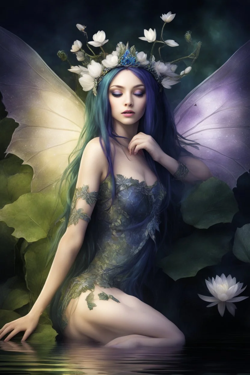 Dark green, tiara, purple hair, dark , fairy,nymph saphire, blue, emerald,rapunzel hair ,enchanted green,,purpleydragonfly,elven crown, gothic,water lilies, lotus,pond,amethyst