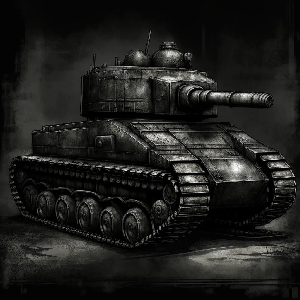 An old army tank1900 a side view , Hyper Realistic Aerial Grungy Dark-Grey Brush strokes on a dark rustic background with charcoals