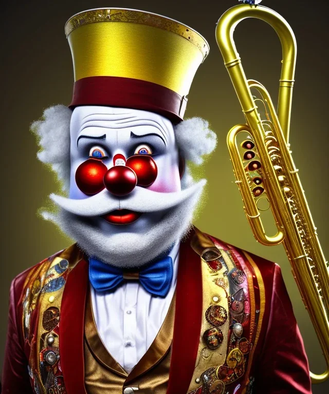 mechanoid old friendly fat clown with trimmed beard playing jazz with a steampunk theme, trumpet, realistic