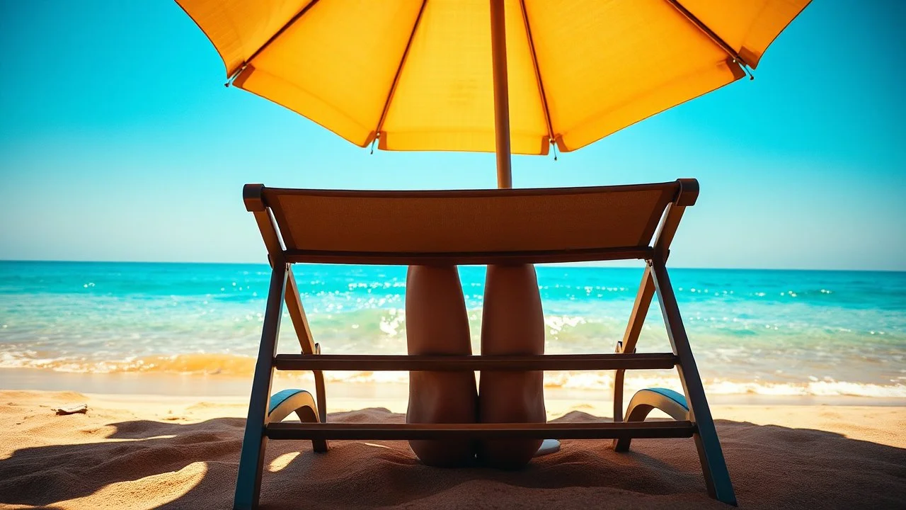 Mediterranean beach, sun lounger facing the sea, only legs visible, body hidden under umbrella shade, legs extending into bright sunlight, strong shadow geometry, dramatic light and shadow contrast, turquoise sea, golden sand, sparkling water reflections, vibrant summer colors, crisp shadow edges, photorealistic, travel photography, HDR, cinematic lighting, ultra detailed, 8k, shallow depth of field --ar 16:9