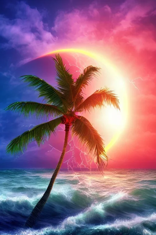 1980's vaporwave aesthetic palm trees with lightning with solar eclipse in the ocean waves sunset