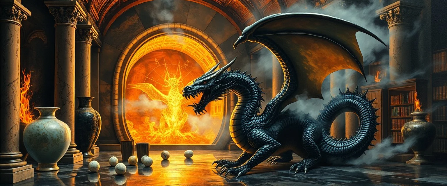 master oil painting by Escher and Giger, glaring vases and black humanoid reflective expressive long dragon and hidden golden dragon inside marble hall library, cryptic eggs, sacred geometry, fire fog and steam border, fire elemental creature, twisted dimensional portal for ice elemetals only