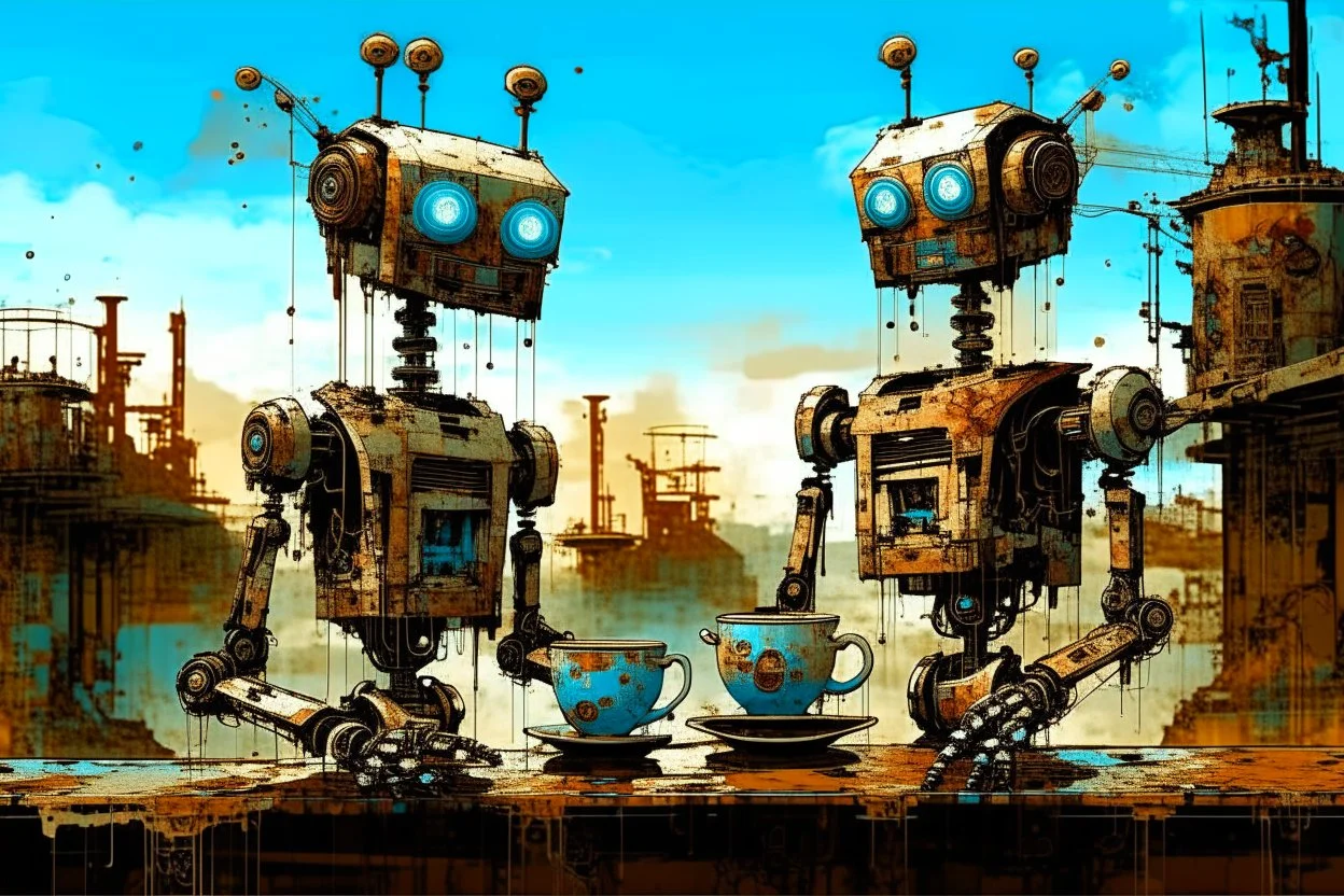 two crazy rusty scrappy robots drinking coffee in urban decay, negative space, wet print, ink leak, overheat, dramatic, cinematic, sudden jolt dynamics, amazing reflections and parallels and verticals, Afro-futurism, surreal futurist architecture art, surreal liminal space, tribal vibe and patterns, colors of light sky blue and beige and black