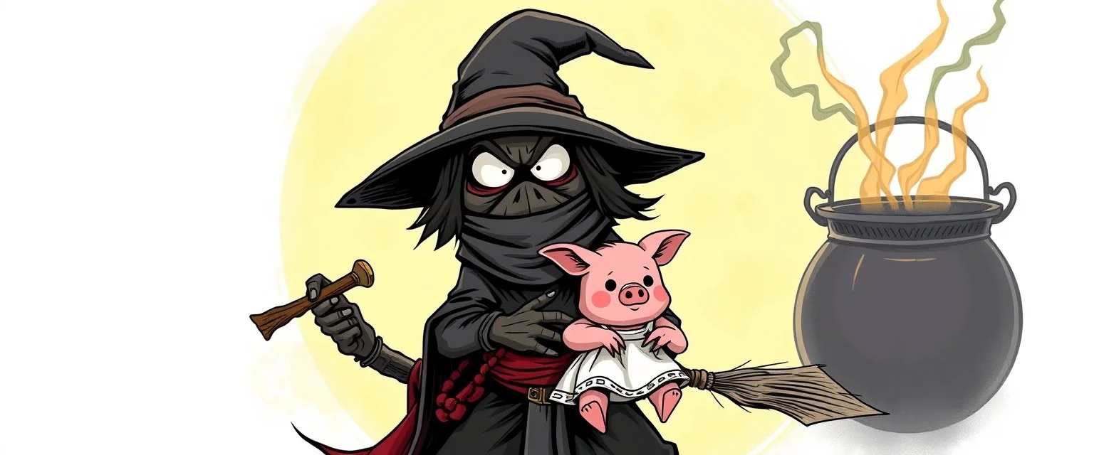 bad ninja witch wolf carrying a lovely scared wtf are you up to, pig girl with dress under his arms, big cauldron in the background , stupid cartoon, airbrush and pen outline