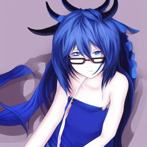 Anime girl Black clothes glases Blue hair devil