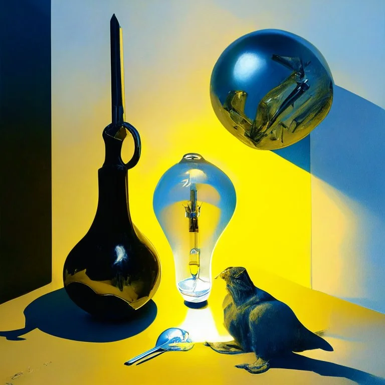 Abstract painting formed by a mix of human flesh-like surgical instruments and universe-like neuralink, a cat looking at a pigeon inside a huge bulb between light and shadow at dusk,surrealism,minimalism,Painting By Adrian Ghenie, Rene Magritte, Salvador Dali, Lucian Freud