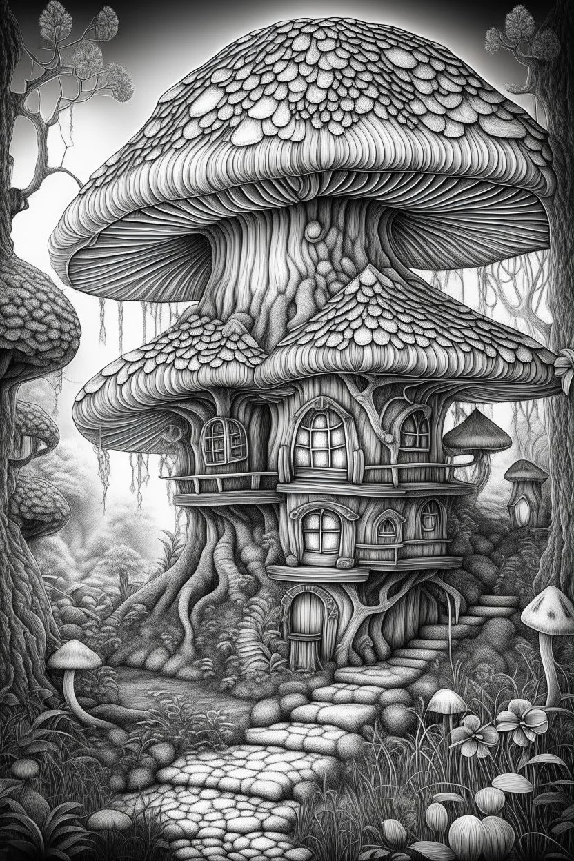 MANDELA STYLE .mushroom tree house in the forest Coloring Book for Adults and Kids, Instant Download, Grayscale Coloring Book