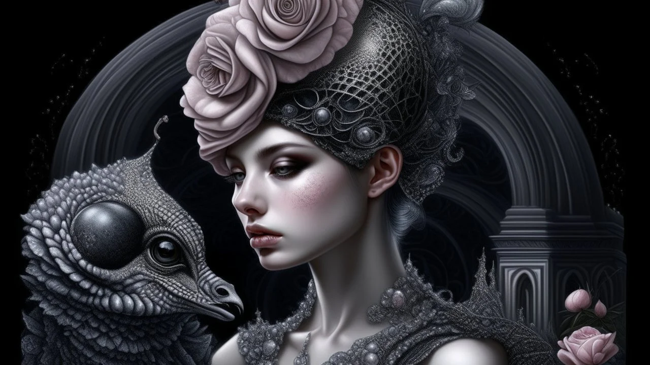 Beautiful bioluminescense black and silver humanoid lady snail textured detailed lace ornate house portrait, adorned with white and pink flower dust, pink rose and black rose silver dust beads, wearing diadem headress, wearing Renaissance costume, organic bio spinal ribbed detail of Renaissance textured bioluminescense watery floral silver floral dust creative background maximálist hyperrealistic concept art