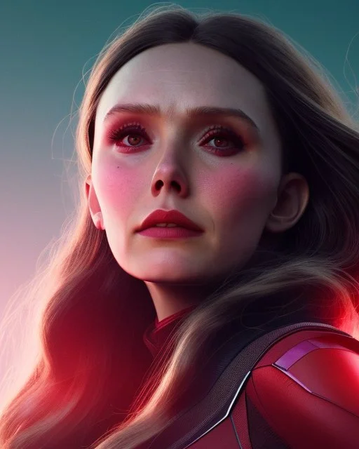 Wanda Maximoff, Elizabeth Olsen, voando e atacando algo, magia vermelha, rajada de energia, cores frias e escuras, dramático, feiticeira escarlate