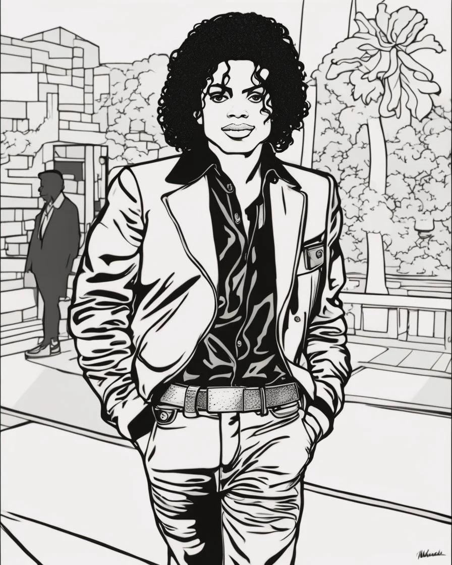 coloring page for teens, simple outlines art, outline drawing, bold outlines, clean and clear outlines, no tones color, no color, no detailed art, art full view, wide angle, white background, Michael Jackson