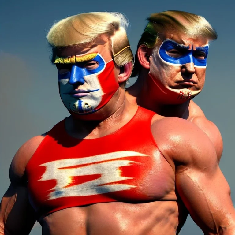 Realistic image of Donald trump wrestler, Mexican wrestling style, Mexican wrestling mask for eyes, red and blue breeches, glow us flag dress, suspenders, retro style, 80s, vibrant color, highly detailed, sky background, concept art, unreal engine 5, god rays, ray tracing, RTX, lumen lighting, ultra detail, volumetric lighting, 3d, finely drawn, high definition, high resolution.