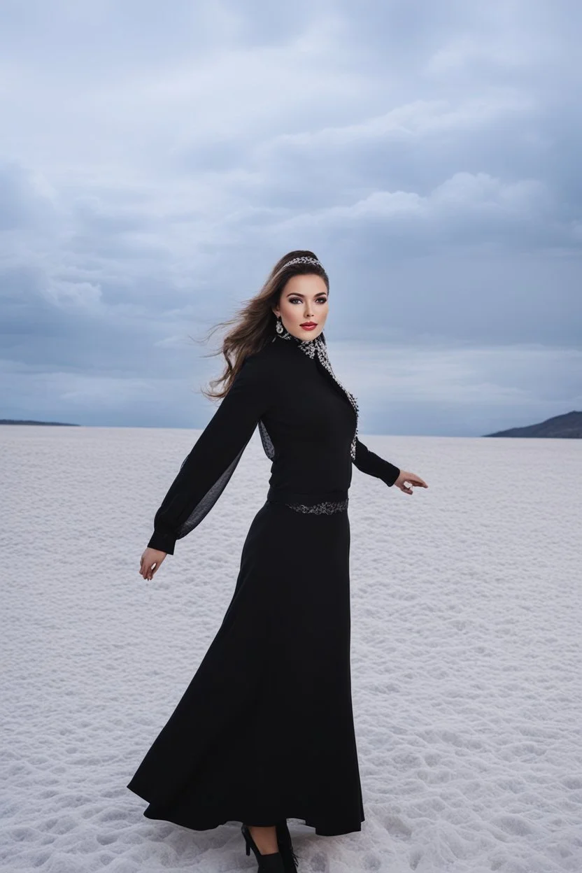 full body of very beautiful lady midi skirt and blouse , curvy hair with small cap and lace scarf ,standing idle happy pose in studio pretty makeup