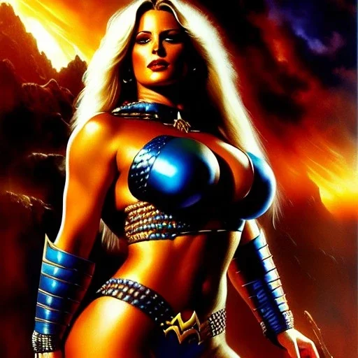 portrait oil on canvas,beautiful busty Female Warrior, minimal armor,comic book cover, mystical colors,insanely detailed,realistic,intrincate detail, 16k resolution, masterpiece,Simon Bisley,Frank Frazetta,Alex Horley,ARTHUR ADAMS