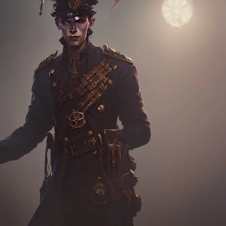 steam punk officer with human face, powerful, dramatic, creepy, matter, majestic, flow, illustration, concept art, by Greg Rutkowski, Sung Choi, Mitchell Mohrhauser, Maciej Kuciara, Johnson Ting