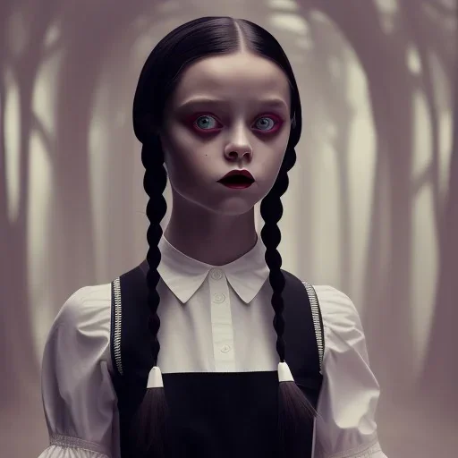 jenna ortega wednesday addams hair, wednesday addams make up, wednesday addams black dress, cinematic, hyper detail, 8k resulation