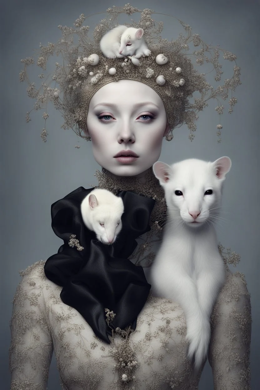 lady ermine with ermine-head, albino, bizarre, surreal, darkmood by natalie shau