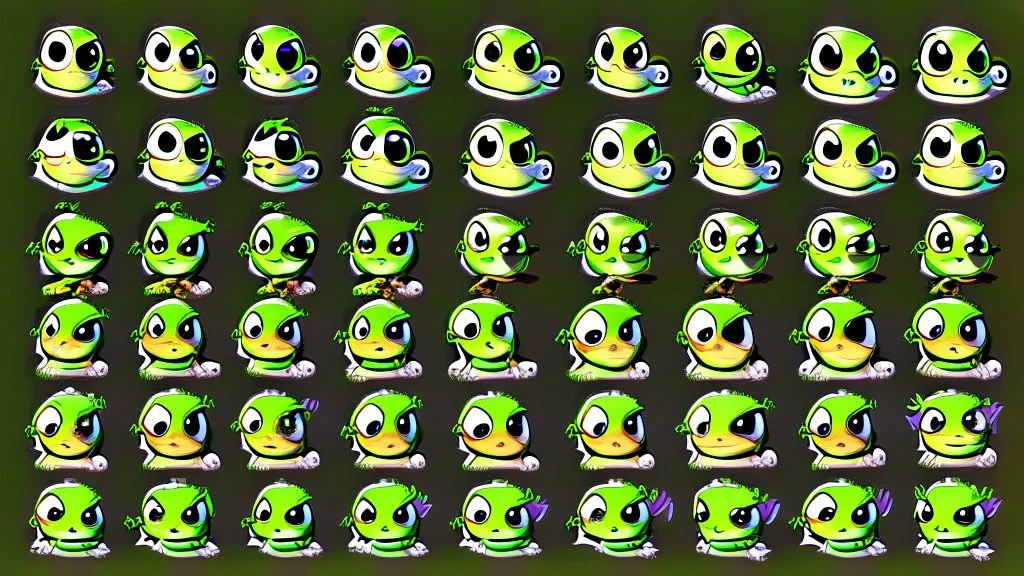 game sprite sheet of 30 images of a young and stylized frog, view from six different angles covering 360°, collection sheet, digital art