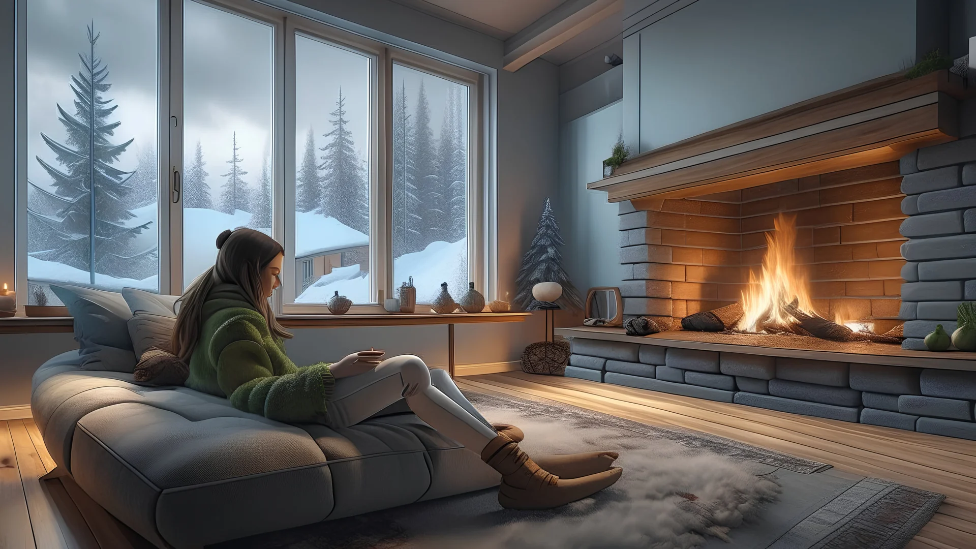 Panorama of a large cozy room, with a beautiful fireplace burning inside against the left wall. To the right, further away on the couch, a girl lies motionless with her eyes closed, headphones on the girl’s head. It's snowing outside the windows. The camera is stable and does not move.