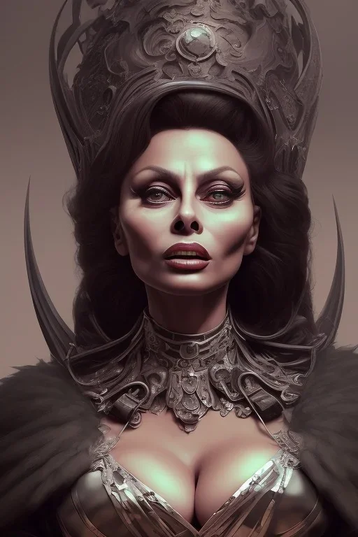 Sophia Loren as evil queen in black leather, cleavage, angry, stern look. character design by cory loftis, fenghua zhong, ryohei hase, ismail inceoglu and ruan jia. unreal engine 5, artistic lighting, highly detailed, photorealistic, fantasy