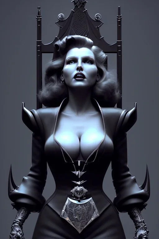 Rita Hayworth as evil queen in black leather, leather, busty, cleavage, angry, stern look. character design by cory loftis, fenghua zhong, ryohei hase, ismail inceoglu and ruan jia. unreal engine 5, artistic lighting, highly detailed, photorealistic, fantasy