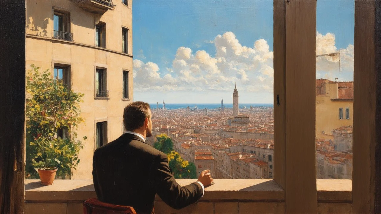 man is watching the city from the balcony painted by Caravaggio