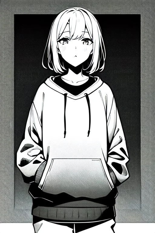 thoughtful girl in a loose sweatshirt, line arts, greyscale,