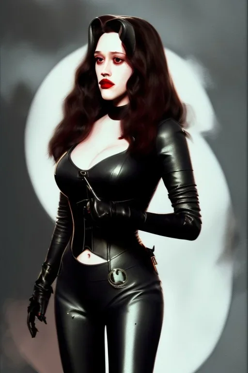 painting of kat dennings as evil queen in black leather pants, , leather, angry, stern look, volumetric lighting, particales,highly detailed,cinematic, deep colours,8, highly detailed, digital painting, artstation, concept art, smooth, sharp focus,