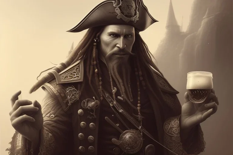 a Photorealistic dramatic hyperrealistic king of pirates paint , Pirate is holding a beer,Crystal black eyes, elegant, by WLOP,Artgerm,Greg Rutkowski, Beautiful dynamic,shadows,Artstation,concept design art,Octane render,8K