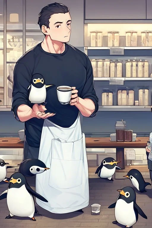 young woman talk to a penguin in coffee-shop