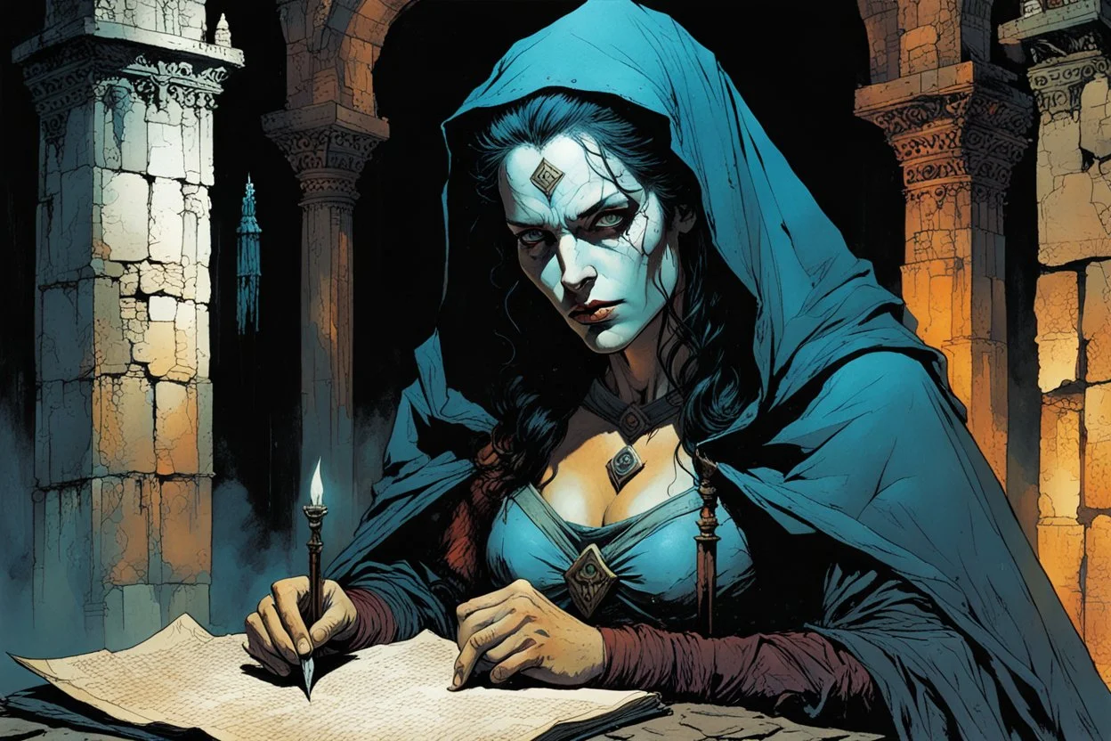 create an ancient vampire woman, studying an arcane manuscript in a ruined Medieval scriptorium , in the graphic novel style of Bill Sienkiewicz and Jean Giraud Moebius, highly detailed facial features, grainy, gritty textures, dark and foreboding, otherworldly and ethereal