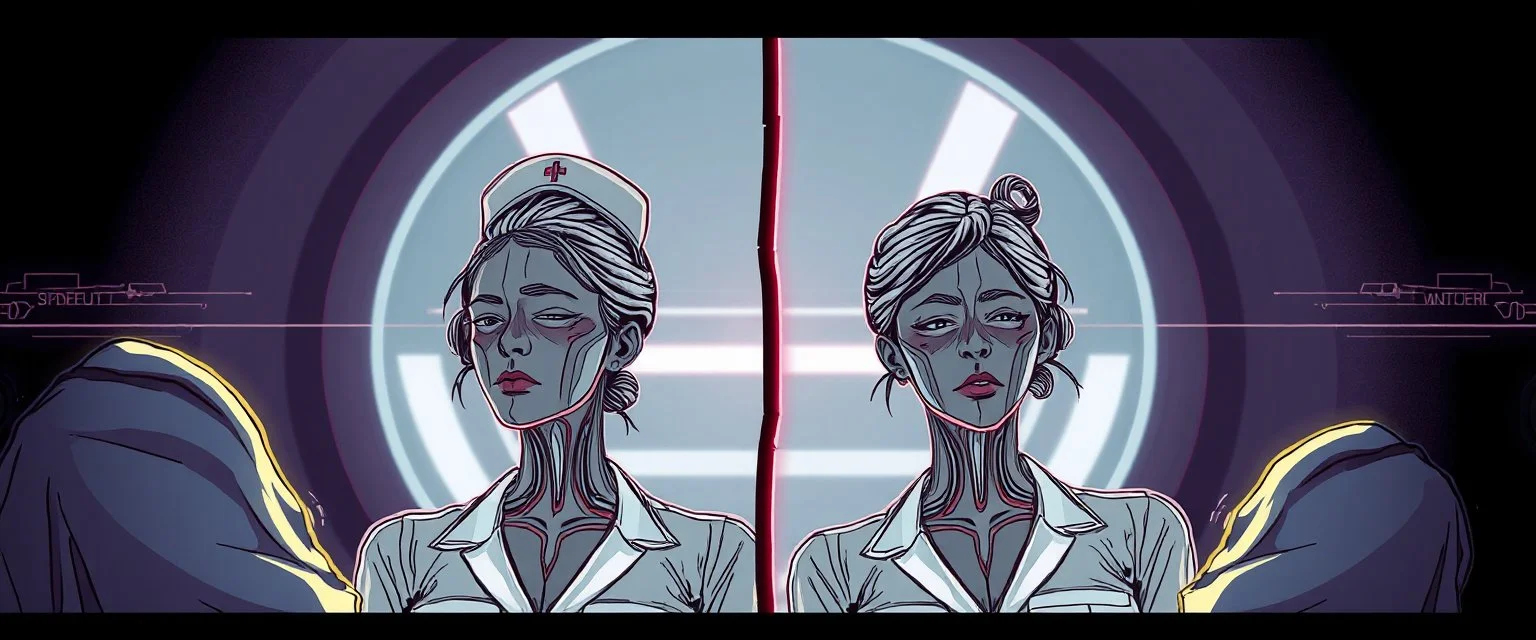 cyberpunk fallout 4, pen outline, A cinematic, high-end advertisement image for a fictional service called “Splice Girls Nurses, Rebuilding Bone Structure on Transparent People™”. Split-screen composition with two contrasting emotional states.