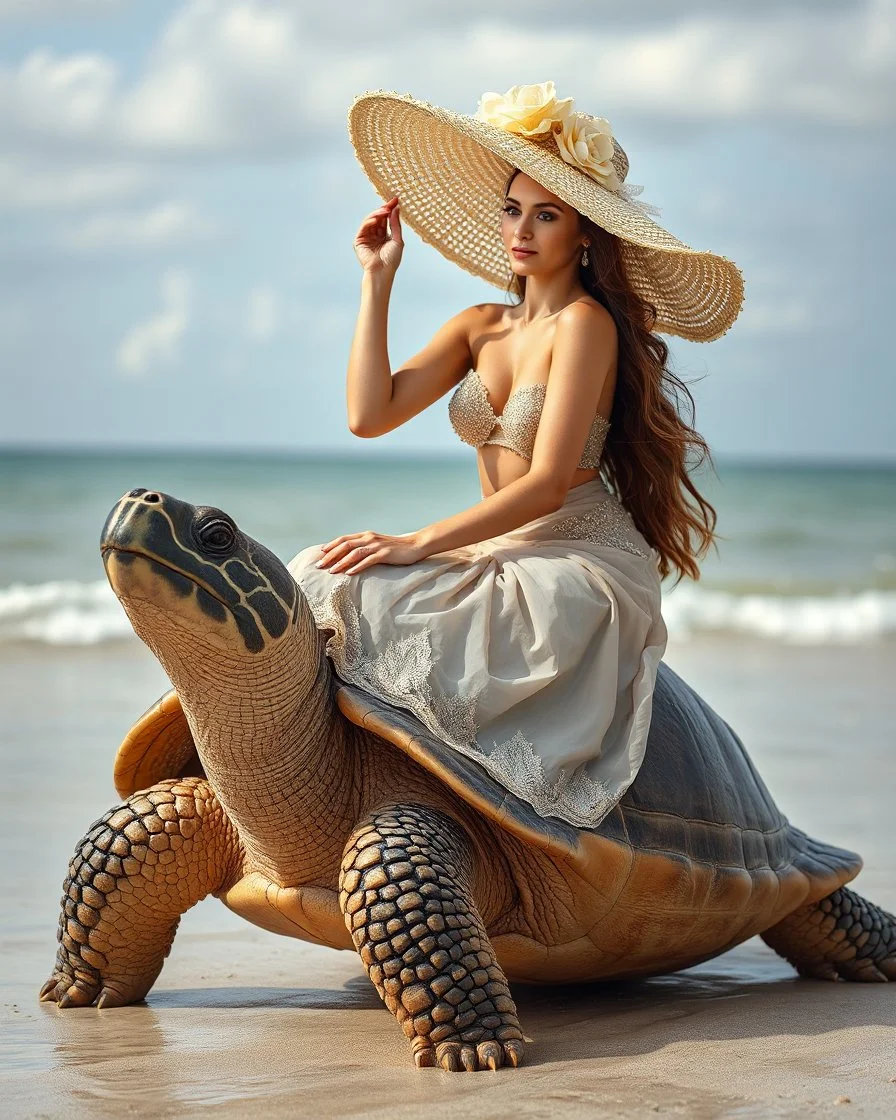 Best angle view realistic photoshoot full body beautiful Supermodel sitting on ridding Big large turtle,she wearing luxurious shimmer hat large made from borroque elements flowers sea, sea shore.Sony Alpha 7 50mm realistic photography