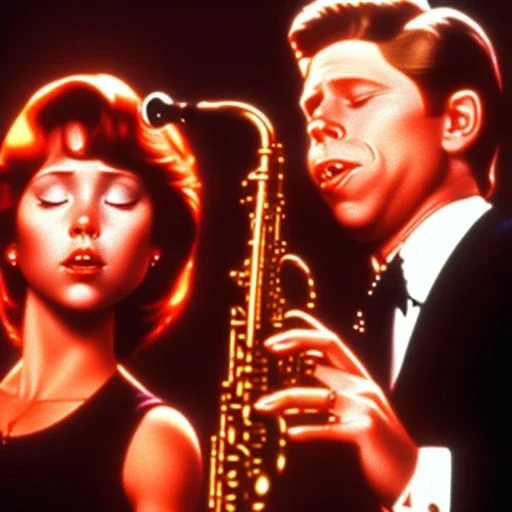 eyes closed REd-haired ron howard as richie from happy days Is playing the saxophone with his "eyes closed", rock band, saxophone lips, looking at camera