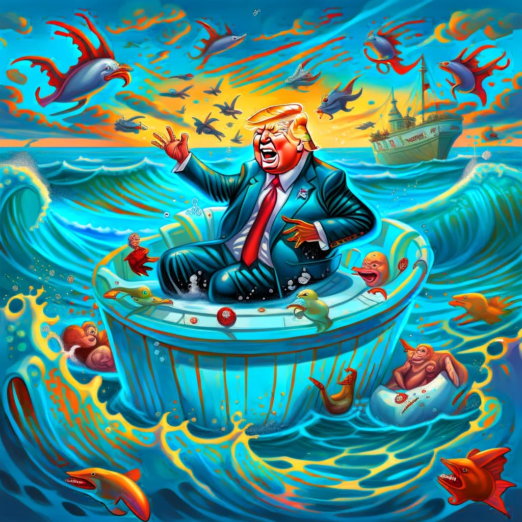 Donald Trump as a Fat man in a claw foot bathtub sinking in the ocean. Water lapping at the top of the tub. Panic on his face. Scared, screaming for help. Surrounded by seagulls, lobsters and crabs. there is a colorful light house with dark stormy skies in the background. Lightening and wind blows. He's in trouble.