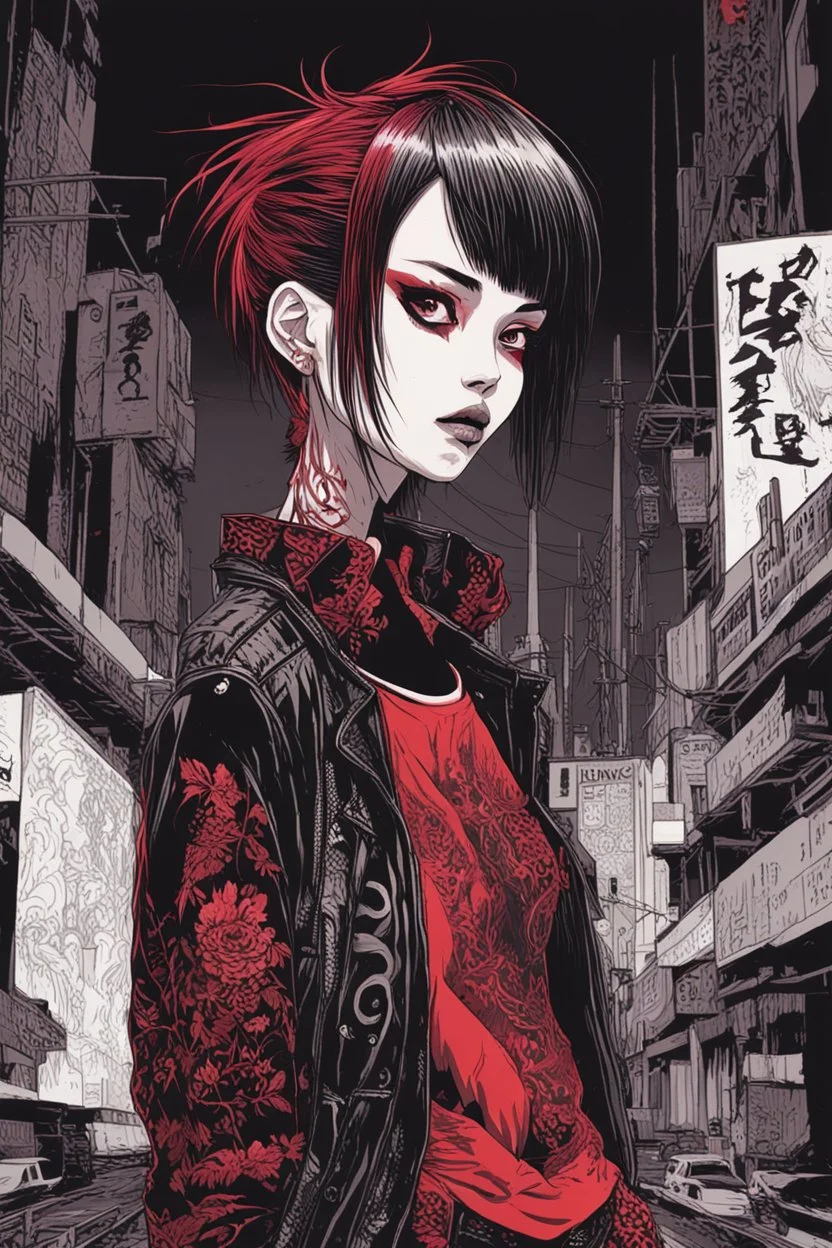 illustration in two gradually, beautiful punk girl, one side Junji Ito style, and one side illustration by <kilian eng> darkred tones,high detailed,