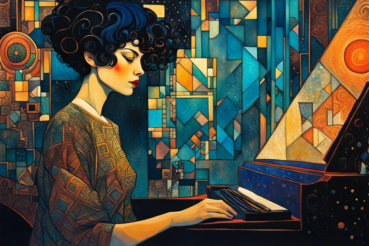 create an abstract cubist, highly ethereal, darkly magical illustration of a deeply sorrowful, girl with short cropped hair, at her piano in a smokey nightclub, with highly detailed and deeply cut facial features, in the style of GUSTAV KLIMT, PABLO PICASSO, combined with the comic art style of BILL SIENKIEWICZ and JEAN GIRAUD MOEBIUS, searing lines and forceful strokes, precisely drawn, boldly inked, and darkly colored