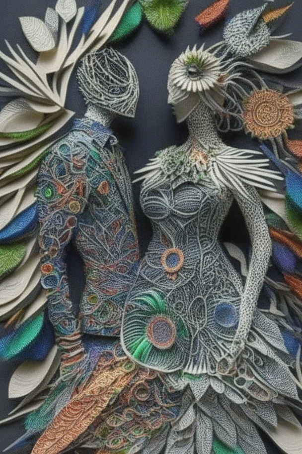 Surreal couple wearing designer outfits made of insanely detailed quilling including metal, mirrors, feathers, foliage, flowers, leather, buttons, jewels, twigs, plastics, glitter, shells, fabrics, twine, and thread