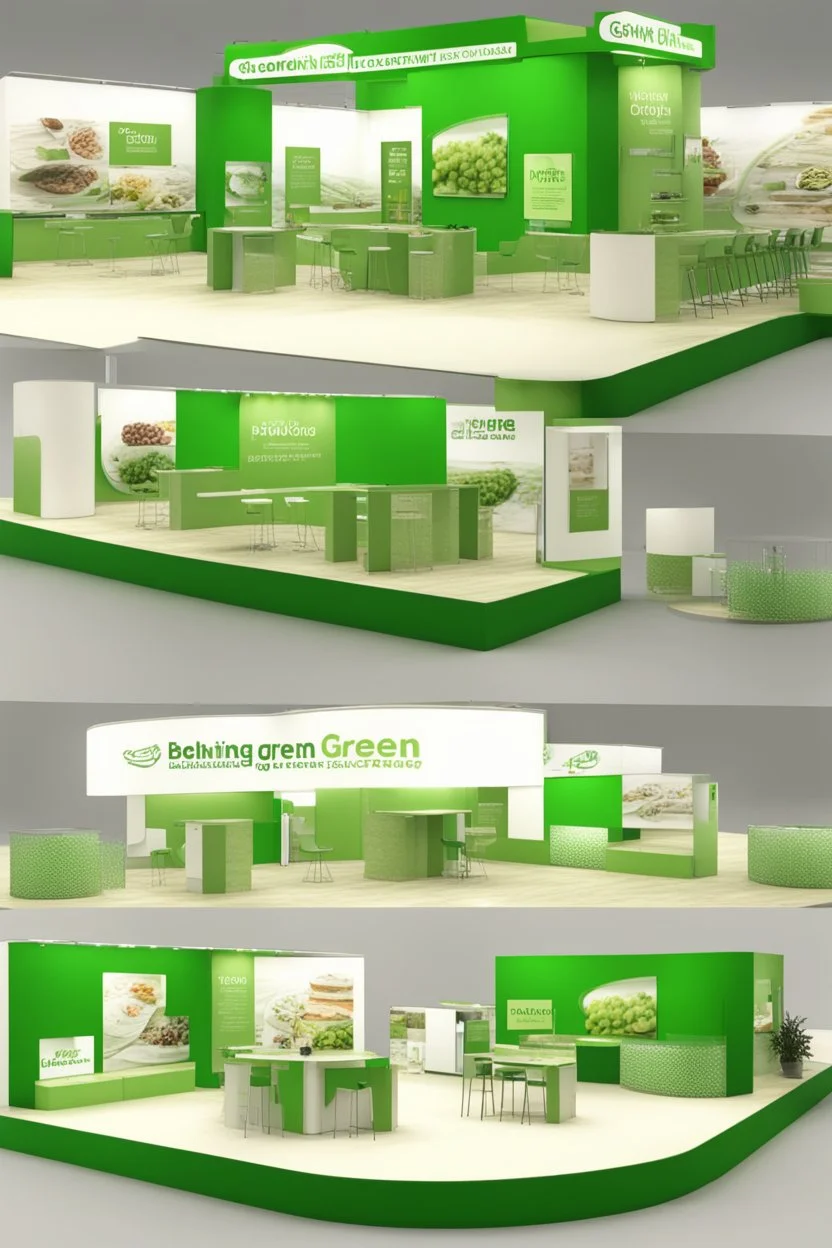 Corner green exhibition stand of a food company with product displays and a meeting area