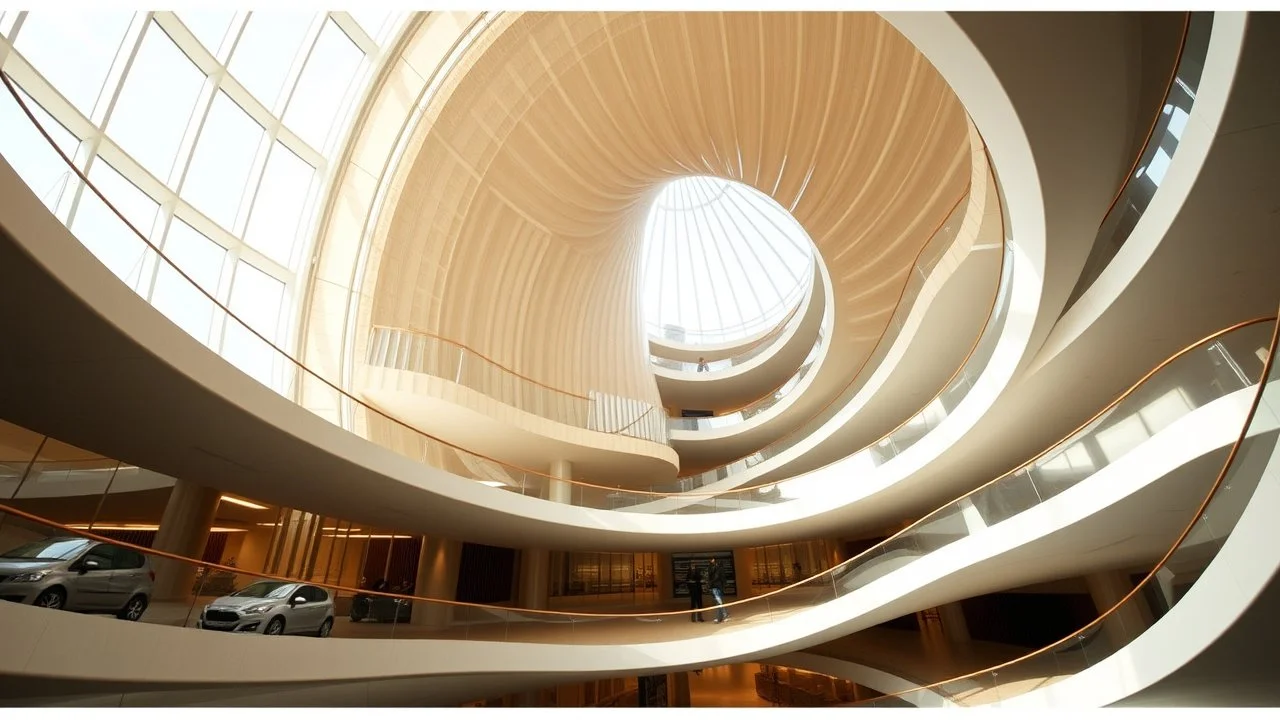 A revolutionary cylindrical building with a helicoid surface wrapping around the structure. The helicoidal ramp provides access to each floor, while the smooth curvature of the helicoid reflects light at different angles, creating a shimmering, dynamic effect. The building’s central core is open, allowing natural light to flood the entire interior. Award-winning photograph.