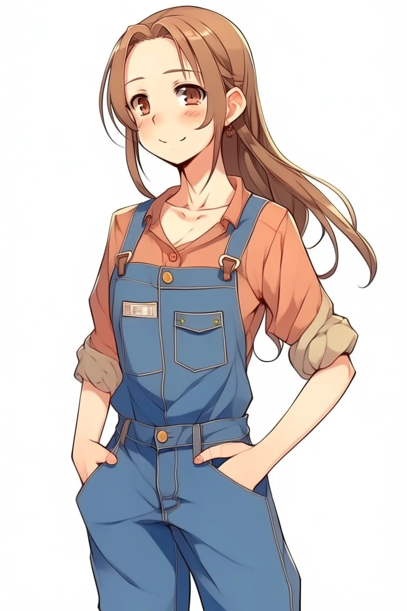 brown hair in a ponytail anime girl in jean overalls