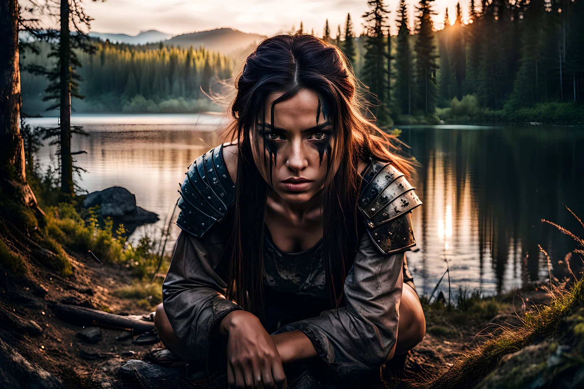 Warrior girl with thick black tears down her face, gritty, crouching down low at edge of thick forest looking at lake shore, at dawn, focused, determined, photo realistic photograph