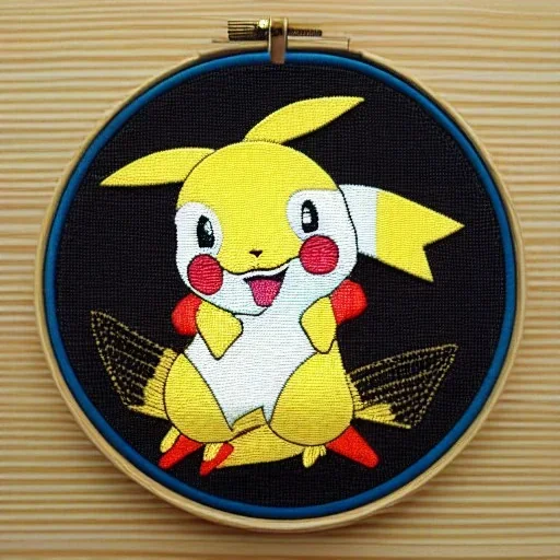 exquisite pikachu in embroidery hoop, intricate, highly detailed, linen and wood backdrop