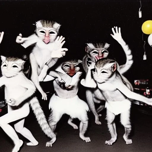 1980s photo of new year's party monkey with dancing cats