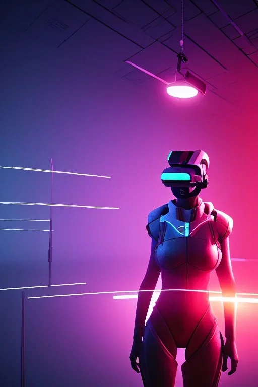 3d, si-fi hunger , far away a girl in the middle, stand on round platform, connected by wires , vr googles, beautifully color coded, super detailed, moody lighting, volumetric lighting, night time, glowing veins, mass effect