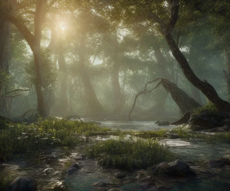 woods with abundant sea with high details of forest well lit with sunlight and with diversity of plants with the glowing sky