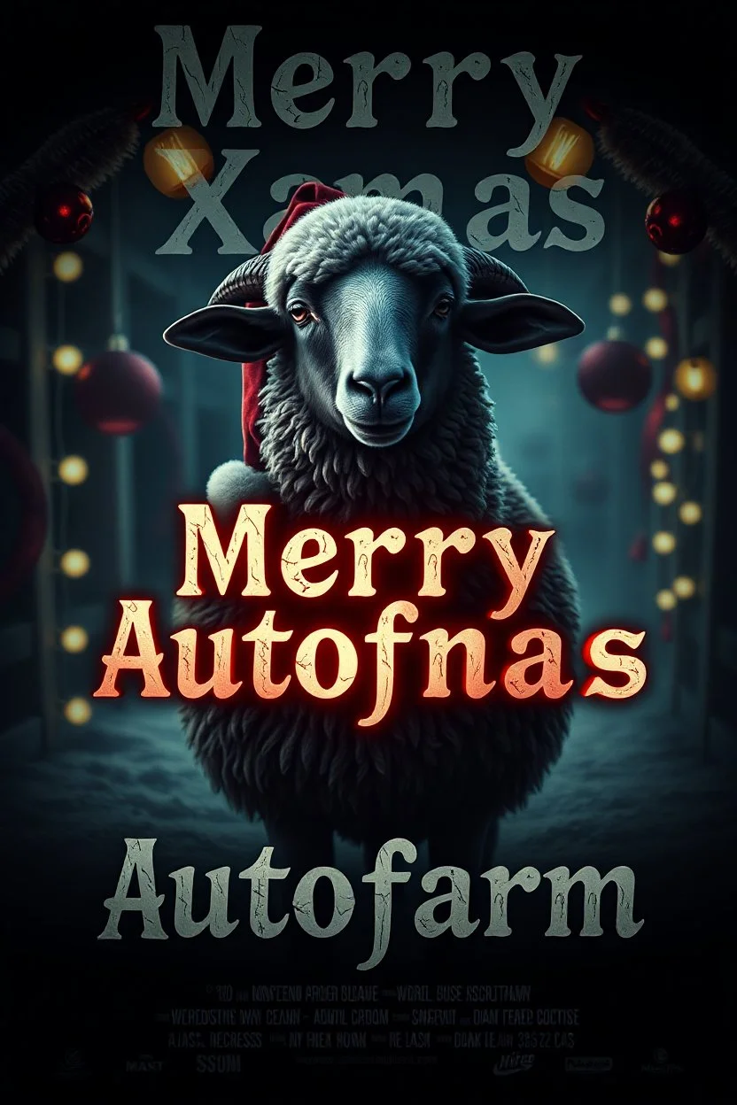 "Create a dark, atmospheric 1990s-style movie poster featuring a festive sheep with sinister Santa characteristics. Capture the eerie and haunting aesthetic of an A24 film, blending holiday cheer with a touch of mystery. Display 'Merry Xmas Autofarm' prominently in bold, gothic letters, framed by dim, eerie lights and unsettling Christmas motifs. Use muted, nostalgic colors and shadowy design elements to evoke a sense of retro holiday suspense and dark intrigue