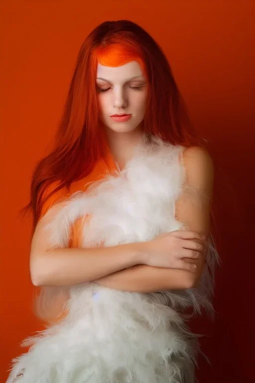 A beautiful portrait of a cute woman orange color scheme, high key lighting, volumetric light high details with white stripes and feathers and celtic paterns