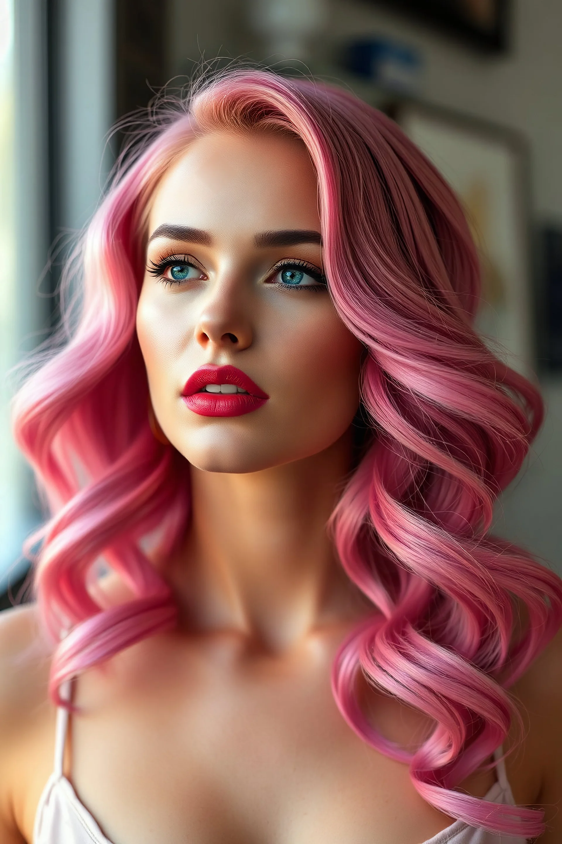 beautiful Caucasian lady, age30 with pink wavy hair and wearing lipstick, best quality, masterpiece, ultra high res, photo, glamourous hairstyle