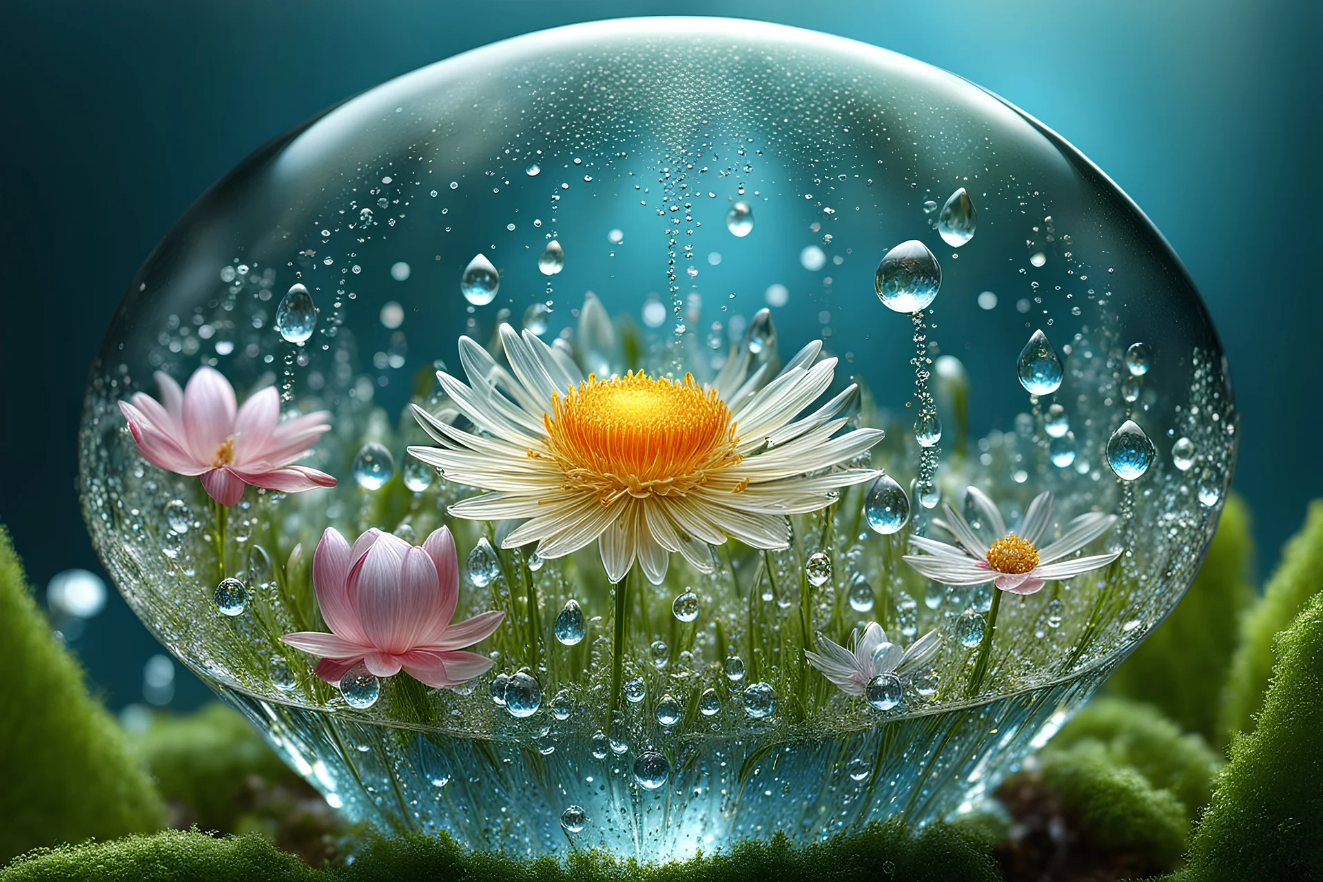 spring dew, sparkling magical fantasy, glass flower dewdrop, very detailed, amazing quality, etheral, intricate, cinematic light, highly detailed, beautiful by Hieronymus Bosch, 3D , surreal, creepy stunning